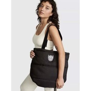 Victoria's Secret PINK Black Puffer Tote Bag Quilted Crest Patch NEW